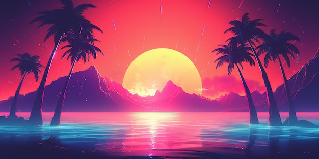 Carta da parati retrowave synthwave spiaggia estetica con un design al neon fresco e vivace