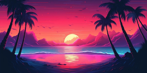 Carta da parati retrowave synthwave spiaggia estetica con un design al neon fresco e vivace