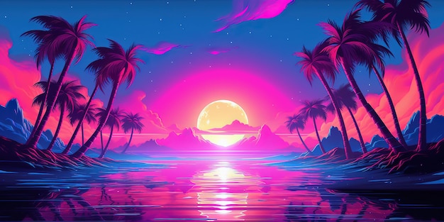 Carta da parati retrowave synthwave spiaggia estetica con un design al neon fresco e vivace