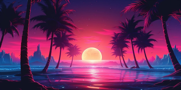 Carta da parati retrowave synthwave spiaggia estetica con un design al neon fresco e vivace