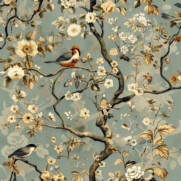 Carta da parati riccamente decorata in stile chinoiserie per stampe o decorazioni interne