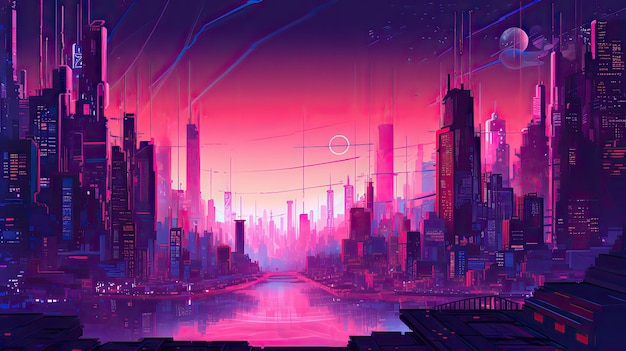 carta da parati rosa città cyberpunk per sfondo del desktop e progetti di design