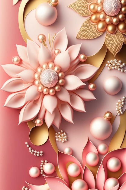 Carta da parati rosa con fiori e perle
