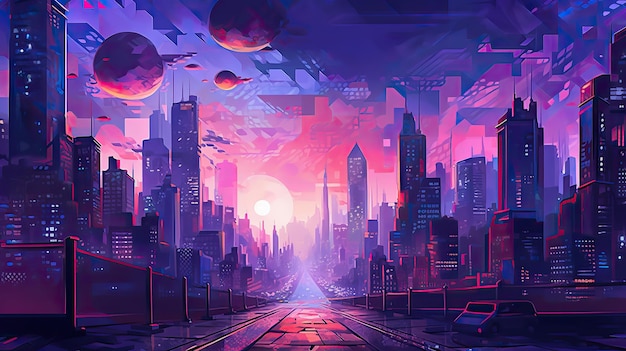 carta da parati rosa della città cyberpunk per progetti di sfondo del desktop e design