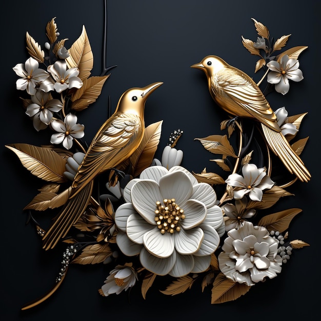 carta da parati uccelli dorati seduti su un ramo con fiori