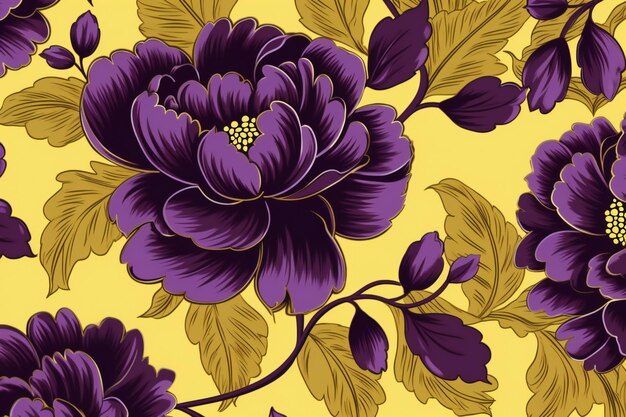 Carta da parati viola e gialla delle orchidee dorate con fascino botanico