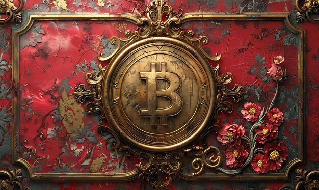 Carta da parati vittoriana con un disegno di Bitcoin impostato contro un'illustrazione di Vic Crypto Trading Backgroundt