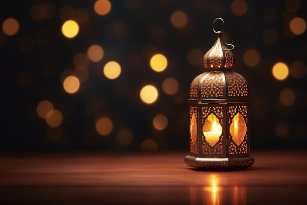 Carta di auguri di Ramadan Kareem con lanterna e luci bokeh Lanterna araba ornamentale con candela accesa che brilla di notte e luci bokeh dorate scintillanti Generata dall'IA