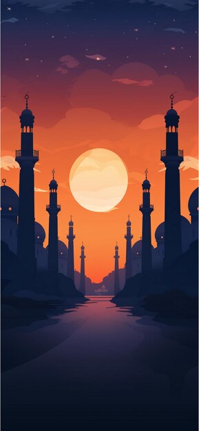 Carta di auguri di Ramadan Kareem con moschea al tramonto