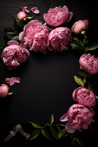 Carta di auguri nera con bellissimi fiori rosa pioni su uno sfondo nero modello di carta regalo per il giorno di San Valentino, matrimonio o compleanno