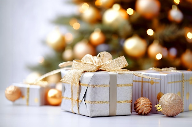 Carta di buon Natale e felice anno nuovo decorata con regali bokeh sotto l'albero di Natale