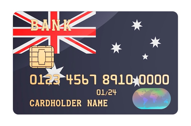 Carta di credito bancaria con bandiera australiana Sistema bancario nazionale in Australia Concept rendering 3D