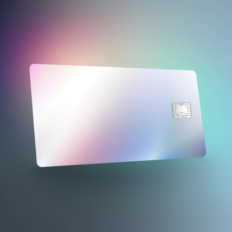 Carta di credito bianca vuota con microchip su spazio copia blu creato utilizzando la tecnologia generativa ai