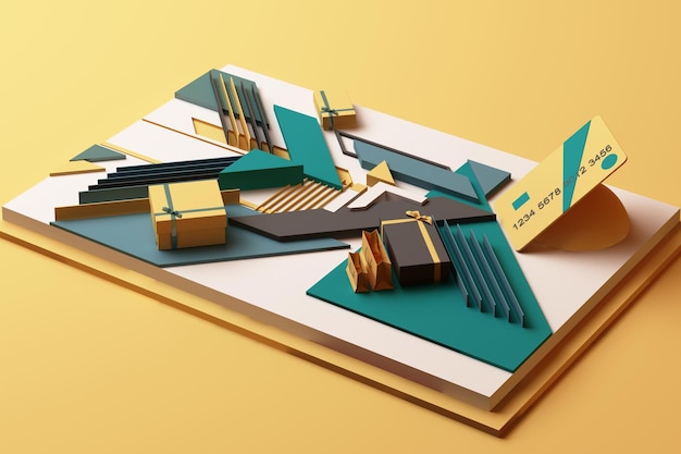 Carta di credito con concetto di scatola regalo composizione astratta di forme geometriche piattaforme in tono giallo e verde rendering 3d