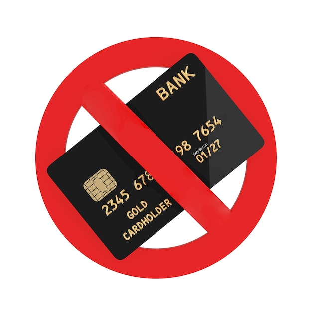 Carta di credito dorata in plastica nera con chip e segno di divieto del cerchio rosso rendering 3d