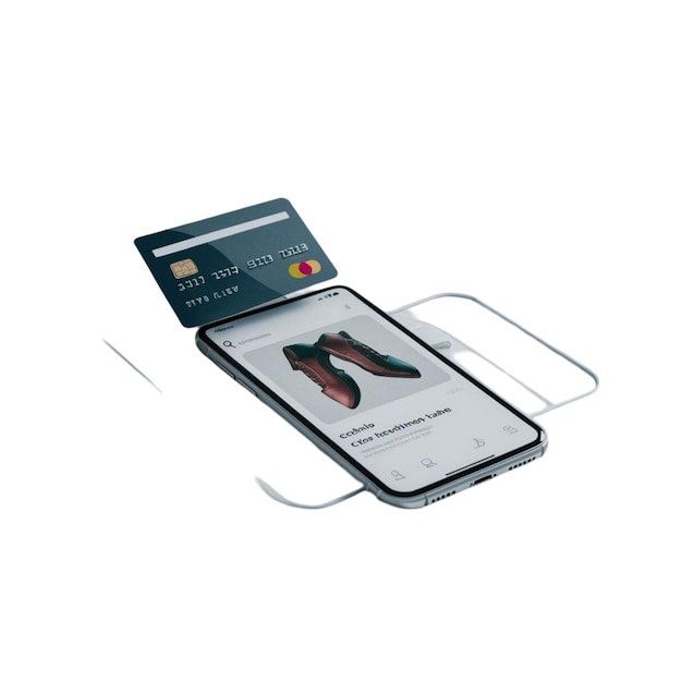 Carta di credito e smartphone con un'app di shopping online su uno sfondo bianco