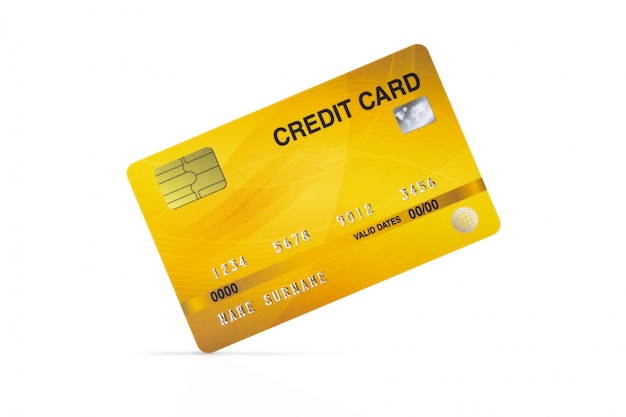Carta di credito gialla isolata su bianco con il percorso di ritaglio