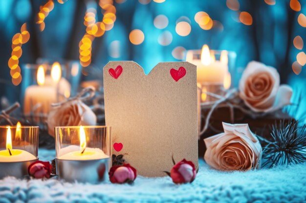 Carta di cuore con candele e rosa su tavola