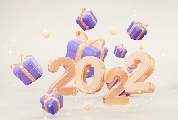 Carta di felice anno nuovo 2022 con regali volanti. rendering 3D.