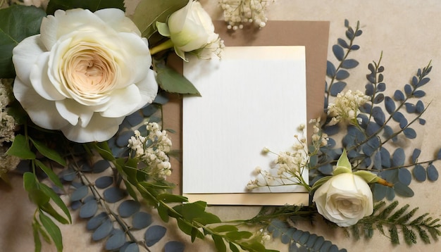 Carta di fidanzamento felice con fiori e foglie copia spazio testo mockup vista superiore