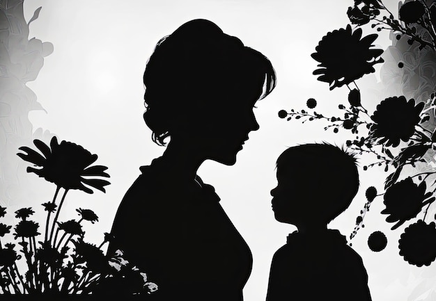 Carta di Happy Mother's Day Bella silhouette madre con suo figlio e fiori IA generativa