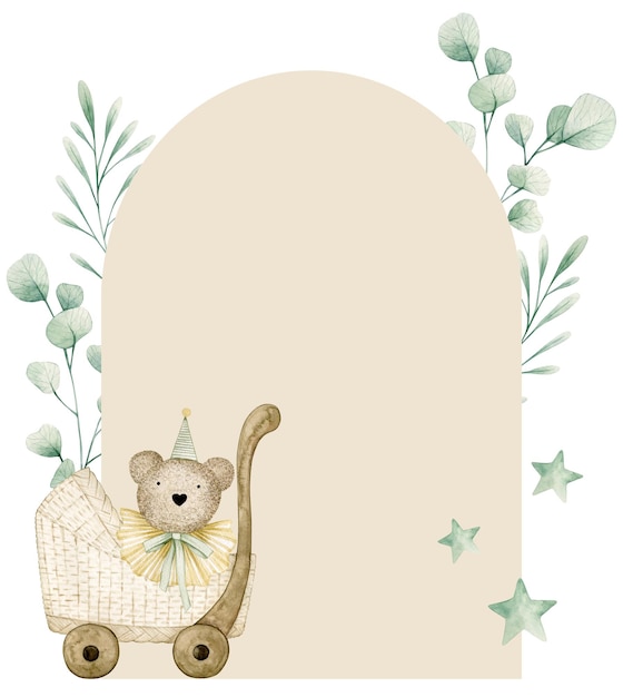 Carta di illustrazione ad acquerello baby shower con eucalipto, passeggino, orso, stelle. Isolato su bianco.