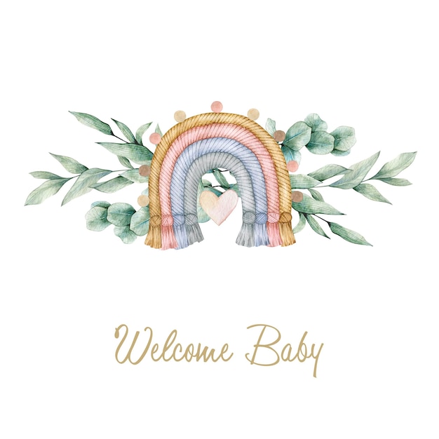 Carta di illustrazione ad acquerello benvenuto bambino con bouquet di eucalipto e arcobaleno isolato su bianco