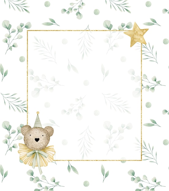Carta di illustrazione ad acquerello ciao bambino, motivo botanico, cornice, passeggino. Clipart disegnato a mano.