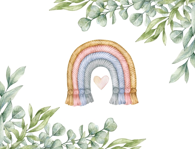 Carta di illustrazione ad acquerello con cornice di eucalipto cuore arcobaleno isolato su sfondo bianco