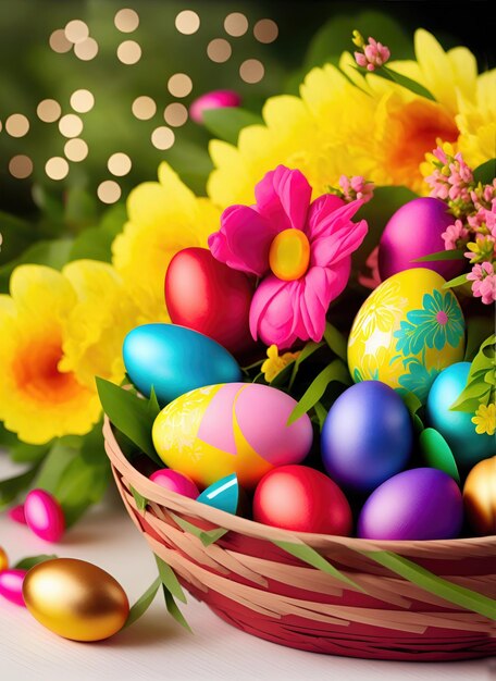 Carta di Pasqua Uova colorate di Pasqua in un cesto sul tavolo