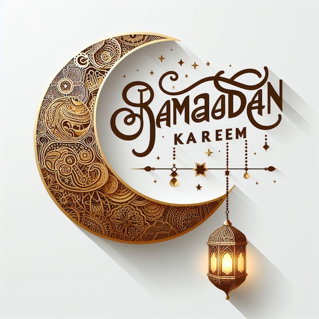 Carta di Ramadan Kareem con mezzaluna dorata e lanterna appesa