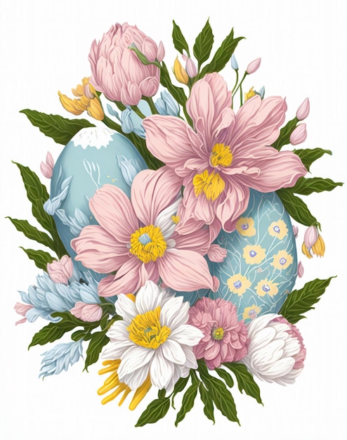 Carta festiva di Pasqua con uova di Pasqua colorate e fiori