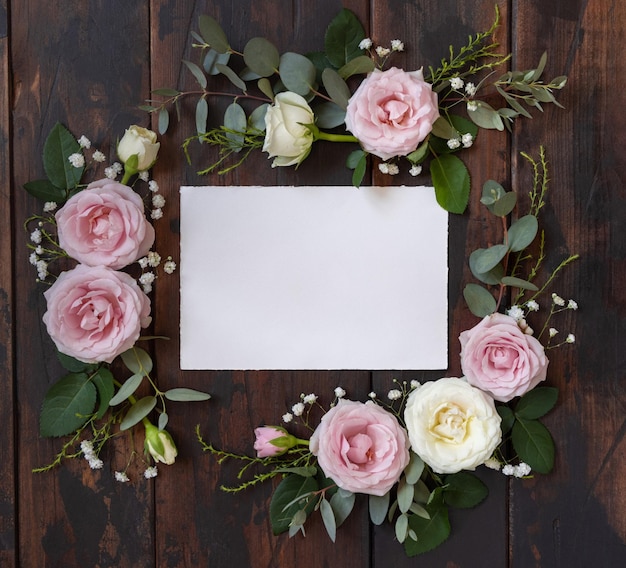 Carta orizzontale tra rose rosa e crema su legno marrone vista dall'alto matrimonio mockup