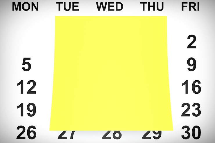Foto carta per appunti gialla sopra il primo piano estremo del calendario. rendering 3d