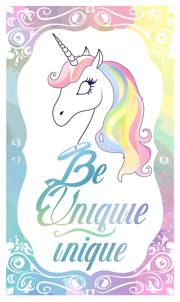 Foto carta postale a tema unicorno con bordo color arcobaleno e illustrazione in t carta postale vintage decorativa