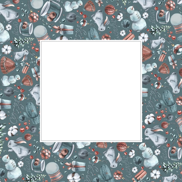 Carta quadrata di Capodanno039 con illustrazioni ad acquerello ACCOGLIENTE INVERNO con un pupazzo di neve che regala un globo di neve