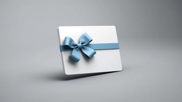 Carta regalo bianca vuota con fiocco a nastro blu generativa di IA isolata