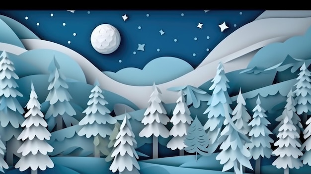 Carta ritagliata da un bosco innevato con una luna e stelle sullo sfondo.