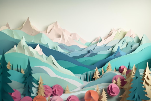 Carta ritagliata da un paesaggio montano con montagne e alberi sullo sfondo.
