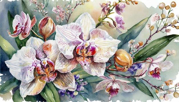 carta romantica floreale con un'illustrazione ad acquerello di un'orchidea in fiore