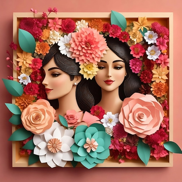 Carta stile arte Felice festa della donna 8 marzo con donne di diversa cornice di fiori Genera Ai