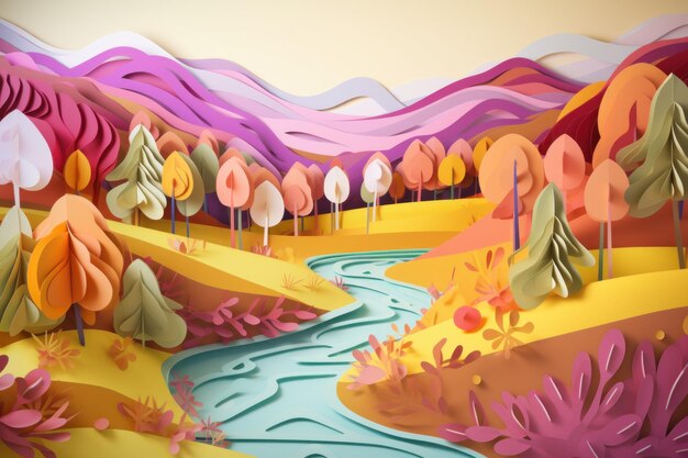Carta tagliata arte di un fiume in un paesaggio colorato