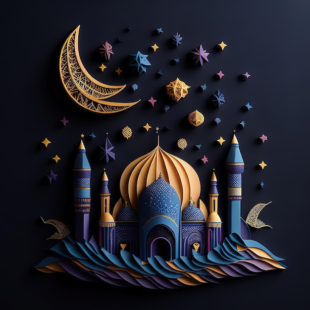 Carta tagliata arte di una moschea con stelle e luna