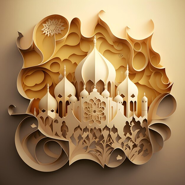 Carta tagliata arte di una moschea con un fiore nel mezzo.