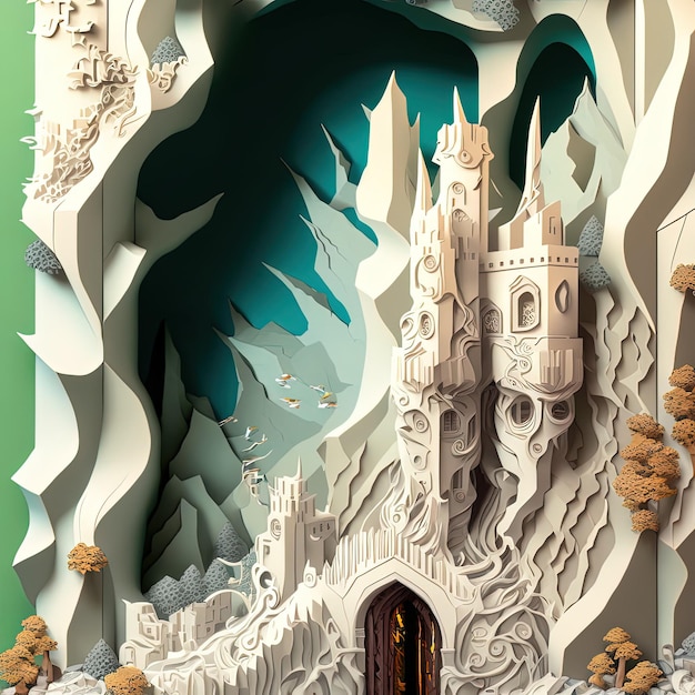Carta tagliata arte illustrazione castello e luna elementi scolpiti in carta immagine colorata multidimensionale 3d profondità illusione