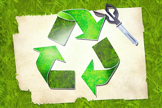Carta tagliata con il logo del riciclaggio sull'erba verde Generative Ai