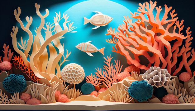 Carta tagliata di una barriera corallina con pesci generativi ai