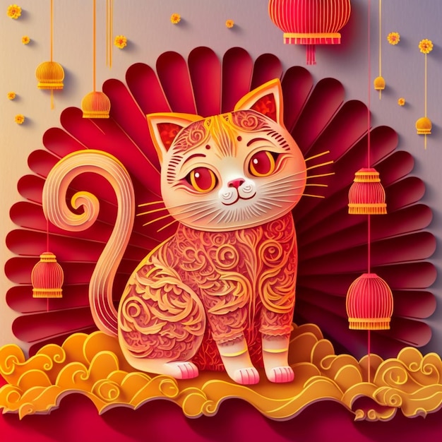 Carta tagliata quilling multidimensionale stile cinese simpatico gatto zodiaco con lanterne sbocciare fiore di pesco sullo sfondo capodanno cinese Concetto di capodanno lunare 2023