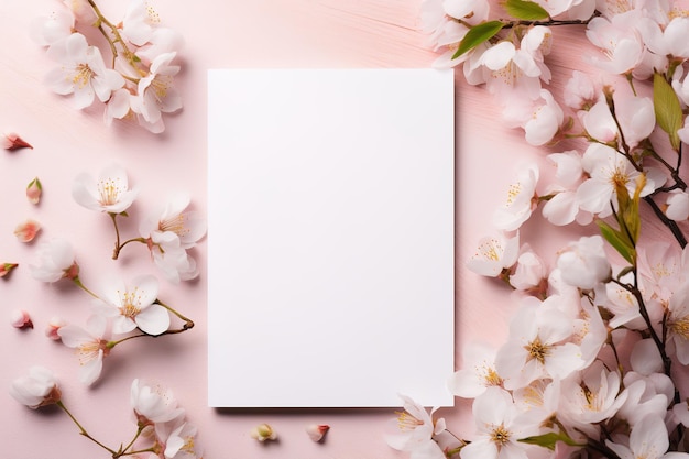 Carta vuota bianca mockup su sfondo rosa con fiori di ciliegio