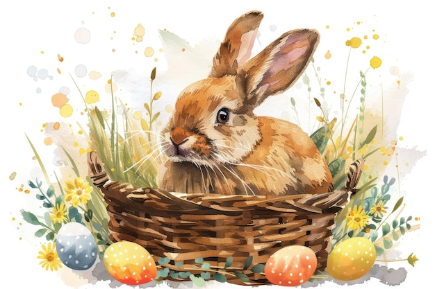 Carte acquarellate di Buona Pasqua con carine uova di coniglio di Pasqua, fiori primaverili e uccello in colori pastello isolati su sfondo bianco